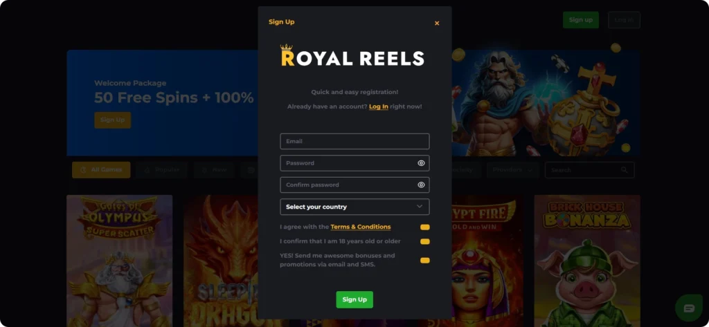 Royal Reels register form